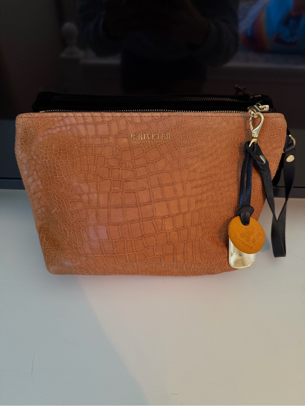 R.Riverter Tan Croc-Embossed Leather Wristlet